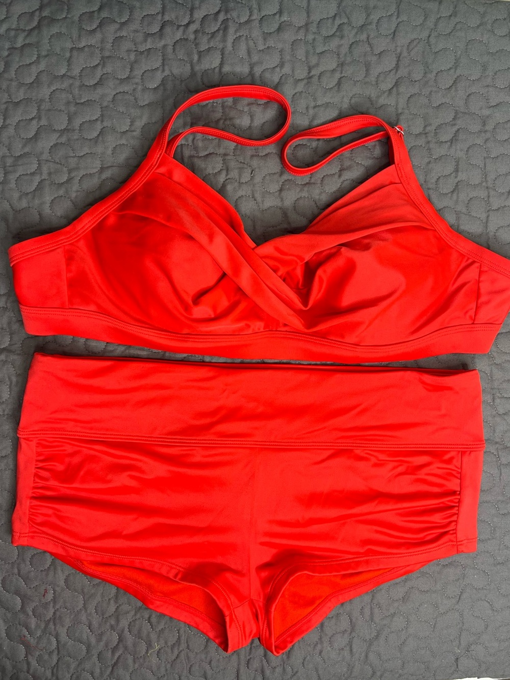 Athleta Red Two-Piece Bikini Swim 36 B/C M boy short Set